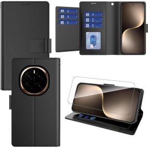 KAL-Coque Pour Honor Magic7 5G,Flip Case+1 Verre Tremp&eacute;,Etui Protection Housse Premium En Cuir Pu,Pochette De Portefeuille Fermeture Magn&eacute;tique-Noir - Neuf