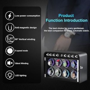 Remontoir Automatique 8 Montres (Noir) ; Moteur Ultra-Silencieux ; 4 Modes De Rotation ; &Eacute;clairage Led Int&eacute;gr&eacute;. Cadeau Id&eacute;al. - Neuf