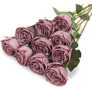 10pcs Roses de Soie Bouquet de Fleurs Rose Faux pour la d&eacute;coration de Mariage Maison Centre de Table f&ecirc;te Cuisine d&eacute;cor (Rose poussi&eacute;reux) - Neuf