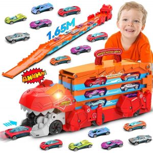 KAJGL-Camion De Transport Dinosaure Pour Garçons Âgés De 3,4,5,6,3 En 1 Avec 8 Voitures De Course,Jouet Pliable À Éjection Avec Son,Meilleur Cadeau De Véhicules Pour Enfants - Neuf