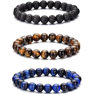 Kalanka-Bracelet Oeil De Tigre Homme 8mm Bracelet Pierre Naturelle Homme Ensemble De Bracelets Réglables Et Extensibles En Pierre De Lave Pour Hommes Bracelets De Perles Cadeaux Pour Père Petit Ami - Neuf