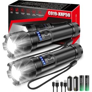 Sjzg-Lampe De Poche Led Rechargeable Xhp50, Lampe De Poche Tactique En Alliage, Lampe Torche Zoomable, Lampe Torche Étanche Ipx67 Avec 5 Modes D'éclairage Pour Le Camping En Plein Air - Neuf