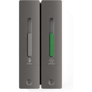 Distributeur de savon mural sans per&ccedil;age-Distributeur de gel douche &agrave; 2 compartiments-Conditionneur et shampoing-Pour salle de bain-Gris-2 compartiments - Neuf