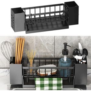 KALANKA-Support Eponge Evier Cuisine,Organisateur pour &Eacute;ponges Organisateur pour &Eacute;vier Organisateur pour Cuisine Comprend deux Porte-Baguettes pour Accessoires &Eacute;ponges/Brosses/Porte-Savons (Noir) - Neuf