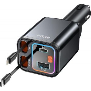 Chargeur De Voiture R&eacute;tractable 4 En 1 Pour Iphone, Chargeur De Voiture Rapide Usb-C 69 W, Adaptateur Allume-Cigare, Charge Rapide Pour Iphone 16/15/14/13/12/11 Pro Max, Galaxy, Ipad, Pixel (Usb-C - Neuf