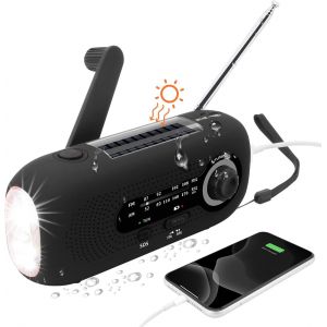 Radio solaire portable (noire), radio &agrave; dynamo, radio solaire avec alarme SOS pour les urgences, petite radio, radio &eacute;tanche IPX3, radio AM/FM &agrave; manivelle, lampe torche, batterie 2000 mAh - Neuf