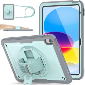 Coque Pour Ipad (A16) 11&egrave;me/10&egrave;me G&eacute;n&eacute;ration 11''/10.9&iquest; 2025/2022, Antid&eacute;rapant Givr&eacute; Coque Antichoc Avec Support/Dragonne Rotatif &Agrave; 360&deg;/Protecteur D'&eacute;cran/Porte-Crayon, Bleu Clair/Gris - Neuf