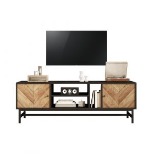 Meuble TV 150 cm a contraste design noir-bois avec armoires et compartiments - Neuf