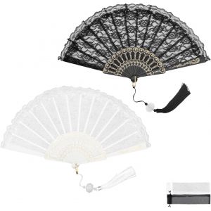 Kalanka-Vintage Eventail Dentelle, 2 Pièces Ventilateur Pliant, Evantaille Foil Stamped Fan Bones Avec Pendentif Pour Prom, Party, Symposium (Noir, Blanc) - Neuf
