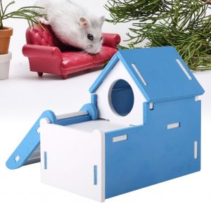 Hjlian Maison Pour Hamster, Adorable Maison De Couchage En Bois A Double Couche Avec Toboggan De Jeu Bleu - Neuf
