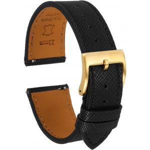 Kal-Bracelet De Monture En Cuir V&eacute;ritable 22mm &Agrave; Fermoir Rapide En Acier Inoxydable Dor&eacute; Pour Hommes Femmes, Noir - Neuf