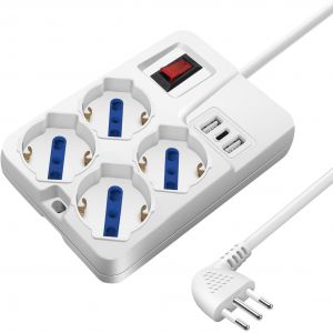 Ytfhg-Rallonge Multiprise De Bureau Avec Usb (2 Usb-A + 1 Usb-C), Bloc 4 Prises Avec Interrupteur Automatique De Protection 10 A, 2 500 W, (10/16 A Universelles Ita/Schuko), 1,5 M Câble - Neuf
