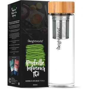 Mevronisshop-Bouteille Isotherme 500ml Avec Filtre Inox Et Verre Double Paroi, Thermos Caf&eacute;, Infuseur Th&eacute; Chaud, Infusion Th&eacute; Froid Ou Fruits, Gourde Verre Sans Bpa Avec Couvercle Bambou Et Housse De - Neuf