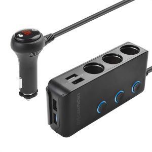 Adaptateur d'alimentation pour Voiture &agrave; 3 Prises avec 4 Ports de Charge USB et Affichage LED-2 fusibles et Support de Montage Inclus - Neuf