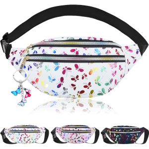 RFCBC-Sac Banane Holographique Femme, Sacoche Banane Ville Imperméable Cuir PU, Sac de Taille Réglable avec Pendentif Papillon Porte-clés pour Filles Voyage Randonnée Camping Les activités de Plein a - Neuf