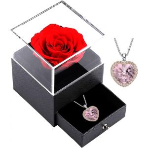 Rose Eternelle Avec Collier, Préservée Fleur Boîte À Bijoux, Bijoux Cadeau Pour Femme Anniversaire/Cadeau De Noël/Cadeau Saint Valentin (Gold-Pink) - Neuf