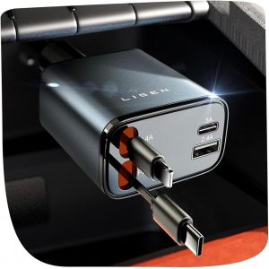 JGD-4 en 1 R&eacute;tractable Chargeur Voiture USB C 69W [C&acirc;ble Magique & Rebond Instantan&eacute;] Adaptateur Allume Cigare, Idee Cadeau Homme Papa Femme, Voyage Camping Car Accessoires pour iPhone 17 16 Pro Max - Neuf