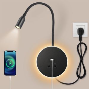 Subzonal-Applique Murale Led,Col De Cygne Lumi&egrave;re, Liseuse De Chevet Avec Interrupteur, Port De Charge Usb, &Eacute;clairage D'ambiance De Chambre &Agrave; Coucher Spot R&eacute;glable (3w 3000k+8w 6000k) Avec Prise,Noir - Neuf