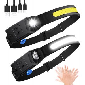 Lampe Frontale Rechargeable, 2 Pièces 230° Led Ultra Puissante Torche Frontale Avec 6 Modes D¿Éclairage & Détecteur De Mouvement Pour Camping, Pêche, Jogging Et Randonnée - Neuf