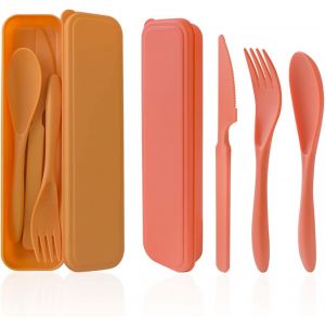 Couvert Plastique Avec Étui, Couvert Camping Portable Couvert De Voyage, 2 Ensemble De Couverts Pique Nique Pour Lunch Box, École Ou Usage Quotidien (Jaune + Orange) - Neuf