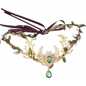 Kal-Serre-Tête Elfique Fait À La Main En Cristal D'émeraude - Couronne De Fée Dorée Et Lune - Pour Femme - Pour Fête De Mariage, Festival, Costume - Accessoire Pour Cheveux - Vert Doré, Cristal - Neuf