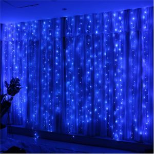 KAL-Guirlande Lumineuse Rideau Bleu 300 Led 3M*3M8 Modes D'Eclairage Usb Télécommande Guirlande Lumineuse Avec Minuterie Pour Salle, Fenêtre, Mariage, Fête, Noël - Neuf