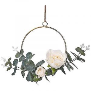 Couronne de cerceau floral Fleur de rose artificielle et couronne de vigne d'eucalyptus Couronne de cerceau murale suspendue pour W - Neuf