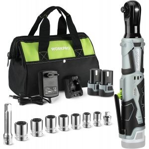 Cle a Cliquet Sans Fil 12V WOKRPRO, 3/8, 55N.m, 2 Batteries de 2,0 Ah, Charge Rapide en 1 Heure, Cle a Cliquet Electrique avec Lumiere LED et 9 Accessoires et Sac de Rangement - Neuf