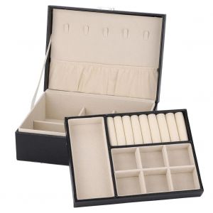 Double Couche Bijoux Boucles D'oreilles Bagues Bracelet Collier Bo&icirc;te Pu Organisateur Rangement (Noir) - Neuf