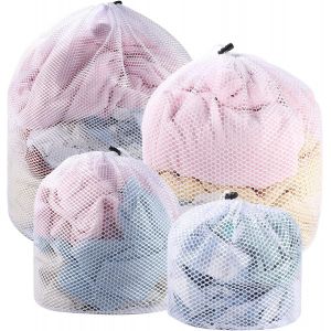 Lot de 4 filets à linge réutilisable avec cordon de serrage pour la machine à laver, chemisiers, sous-vêtements, soutiens-gorge, chaussettes, bas, lingerie - Neuf