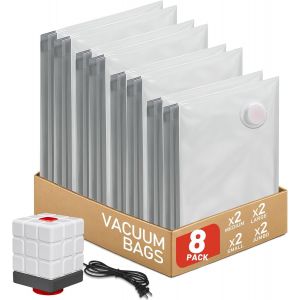 KALANKA-Sac Sous Vide Vetement Aspirateur avec Pompe Électrique, Lot de 8 (2 Géants, 2 Grands, 2 Moyens, 2 Petits), Sac de Rangement Sous Vide Réutilisables pour Vêtements, Literie, Voyages et Démén - Neuf