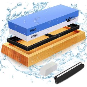 Pierre À Aiguiser - Ensemble Aiguiseur De Couteau Professionel 400/1000 3000/8000 Avec Base En Antidérapante Pierre À Aplatir Guide D'angle Lanière En Cuir Et Gants Résistants Aux Coupures 12 In 1 - Neuf