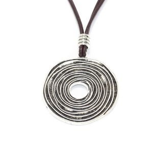 - Collier Femme Celtique - Grand Pendentif Femme En Cuir Plaqu&eacute; Argent Et Zamak - Pendentif Spirale - Pendentif R&eacute;versible - Pendentif Femme Ethnique Boho - Pendentif Tourbillon - Neuf