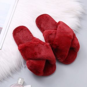 Croix De La Bande Peluche Confortable Maison De Chaussons Moelleux En Fourrure Open Toe Maison Chaussures Indoor Outdoor Diapositive Pantoufle¿Date Rouge - Neuf