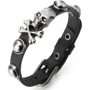 Eryi-Vintage Vieilli Argent Pirate Crâne Noir Cuir Bracelet Homme Femme - Envelopper Bracelet Bouton Charmes Fermeture Buckle - Neuf