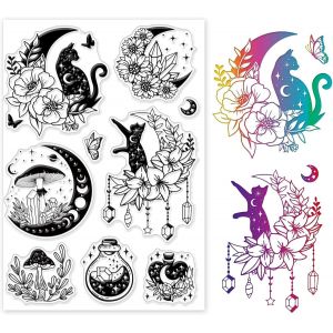 Tianyi-Tampons Transparents Lune Et Chat Pour Diy Scrapbooking Conte De Fées Champignon Silicone Tampon Transparent Sceaux 8.3x5.8pouces Tampons Transparents Pour La Fabrication De Cartes - Neuf