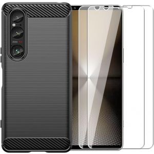 Pack Housse Tpu Souple Antichoc Effet Carbone + 2 Films Verre Trempé Pour Sony Xperia 1 Vi ¿ Protection Écran Et Caméra (Noir) - Neuf