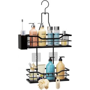 Étagère De Douche À Suspendre ¿ Organiseur De Douche À 2 Niveaux Avec 4 Crochets, Étagères De Douche Noires Antirouille Pour Shampooing, Après-Shampoing Et Rangement De Salle De Bain - Neuf