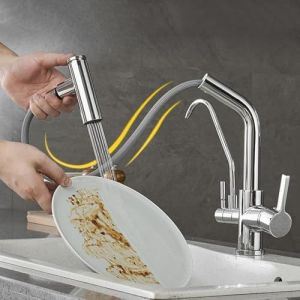 Robinet mitigeur de cuisine générique à 3 voies avec bec extractible, chromé, double mode en 1, filtre purificateur d'eau potable. - Neuf