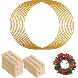 10 anneaux m&eacute;talliques de 20 cm pour bricolage-Ensemble d'anneaux pour attrape-r&ecirc;ves dor&eacute;s,anneaux d&eacute;coratifs,anneaux pour artisanat,supports pour suspensions,couronnes-avec 5 supports en bois - Neuf