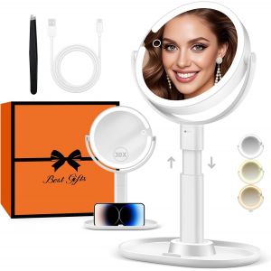 SUBZONAL-Miroir de Maquillage &Eacute;clair&eacute; 30X avec 3 Lumi&egrave;res de Couleur, LED &agrave; Intensit&eacute; Variable et R&eacute;glable en Hauteur, Miroir Cosm&eacute;tique 2 C&ocirc;t&eacute;s pour Salle de Bain, Cadeau pour Femme Blanc - Neuf
