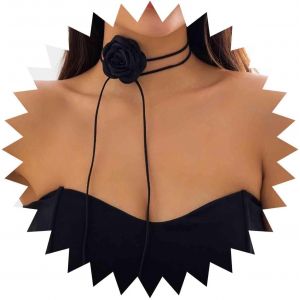 Kal-Collier Ras Du Cou Avec Fleur De Rose Collier De Fleur En Velours Noir Long Ruban De Fleur À Lacets Collier Gothique En Daim Noir Bijoux De Costume De Cosplay Pour Femmes Et Filles - Neuf