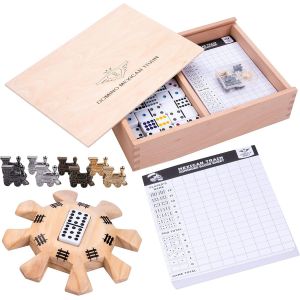 250120 - Domino Mexican Train D12 Deluxe - Coffret En Bois De H&ecirc;tre - Bloc De Score - Gare En Bois - 8 Trains M&eacute;tal - Soci&eacute;t&eacute; - Jeux Dominos Mexicains[Z1484] - Neuf