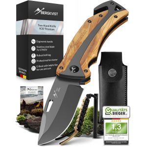 K30 Titanium Couteau Pliant (Couteau Multifonction 3-En-1) Avec Manche En Bois I Couteau De Survie Avec Pochette De Ceinture (K30) - Neuf