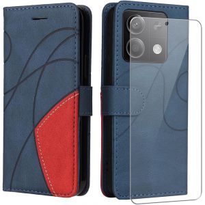 Trahoo-Coque Pour Xiaomi Redmi Note 13 5g¿Pas Pour La 4g¿, Modèle Pu Cuir À Rabat Flip Housse Étui Avec Un Verre Trempé Film Protection Écran Pour Xiaomi Redmi Note 13 5g - Bleu Et Rouge - Neuf