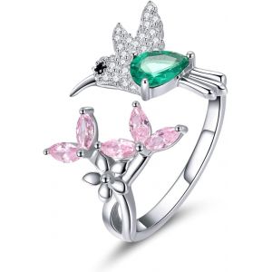 Kahfl-Bague Pour Femme En Argent Sterling Avec Colibri Et Fleur-R&eacute;glable-Oxyde De Zirconium-Rose Et Vert-Cadeau Pour Petite Amie,Maman - Neuf