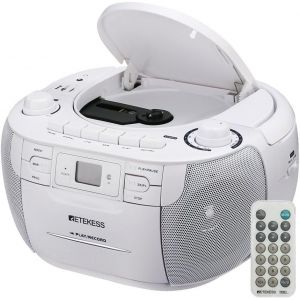 TR621 Boombox Poste Radio CD,Lecteur Cassette Audio,Boombox Stereo avec Enregistrement,Télécommande,Prise en Charge USB TF Casque,Accompagner Famille et Amis(Blanc) - Neuf