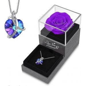 Collier Avec Rose Violette Pr&eacute;serv&eacute;e Et C?Ur - V&eacute;ritables Roses - Cadeaux Pour Maman, Grand-M&egrave;re, &Eacute;pouse, Petite Amie - Je T'aime - Cadeaux Pour Elle &Agrave; L'occasion De La F&ecirc;te Des M&egrave;res, De La Saint-Valentin Ou De No&euml;l - Neuf