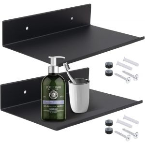 CAUC-Tablette Flottante Noire, 2 Pi&egrave;ces 20 cm &Eacute;tag&egrave;res Murales en M&eacute;tal, Petite Etagere Murale, Tablette Salle de Bain, Charge Maximal 10 Kg avec Trous et Vis pour Cuisine, Chambre, Salon, Bain - Neuf