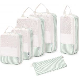 6 Pi&egrave;ces Organisateur Val , Sac Compression Voyage, Compression Packing Cubes, Organisateur Val Compressible, Cube De Rangement, Organ Urs De Bagage (Rayure Vert Menthe) - Neuf